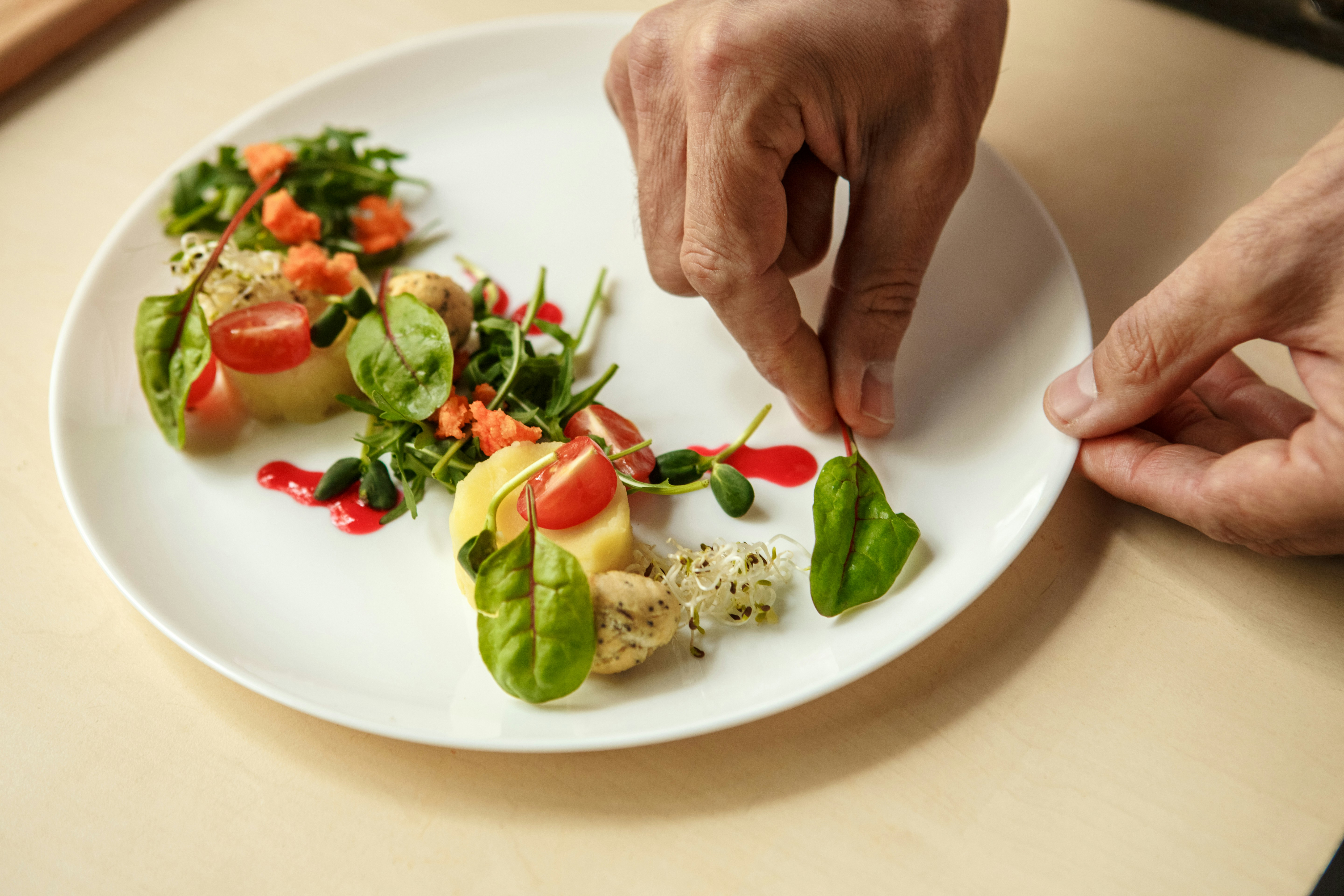 Chef arranging a colorful salad on a white plate